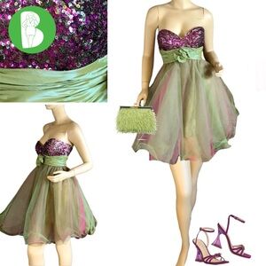 MAY QUEEN COUTURE PURPLE SEQUIN WITH PURPLE & GREEN TULLE STRAPLESS DRESS (6)